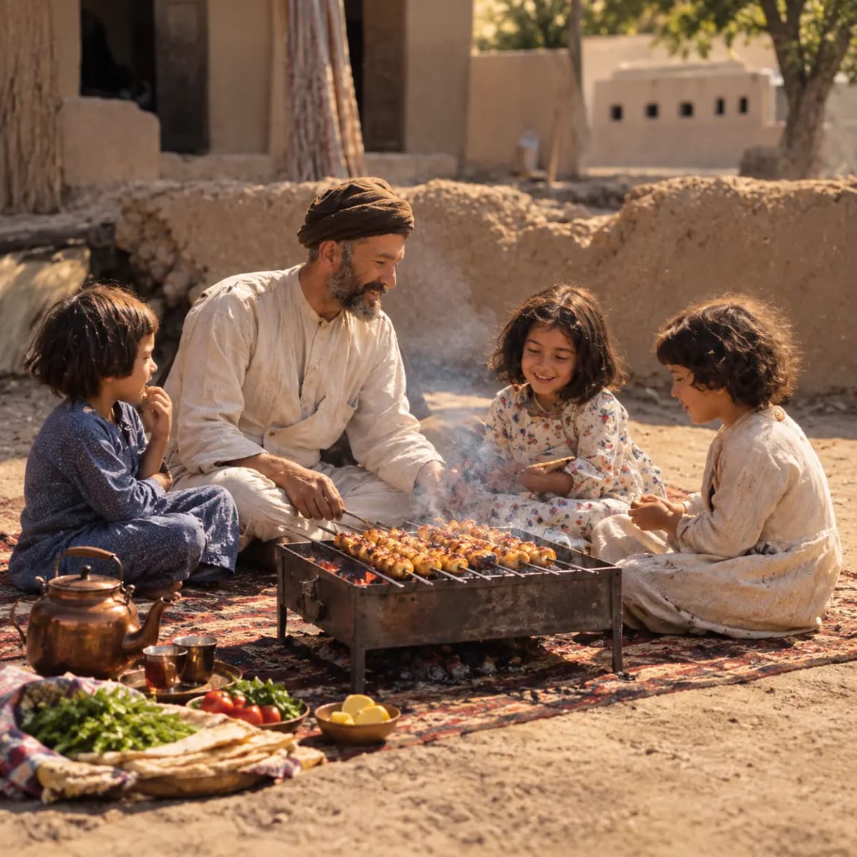 A father and his children sitting around a charcoal grill